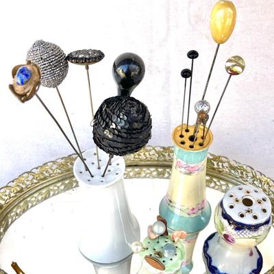 LOT 117 Antique Hat Pins & Holders Stick Pins Mirrored Dresser Tray