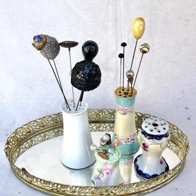 LOT 117 Antique Hat Pins & Holders Stick Pins Mirrored Dresser Tray