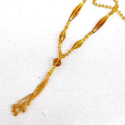 LOT 119 Antique Glass Bead Necklace Golden Amber Color Opera Length