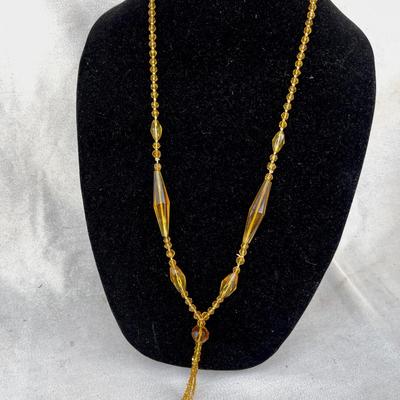 LOT 119 Antique Glass Bead Necklace Golden Amber Color Opera Length