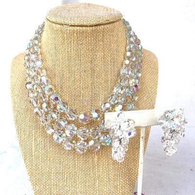 LOT 121 Vintage 3 Strand Aurora Borealis Crystal Necklace w/Clip Earrings