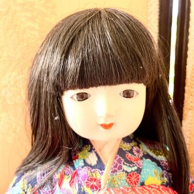 LOT 133 Vintage Japanese Doll 16" Traditional Cloths Porcelain Head Glass Eyes