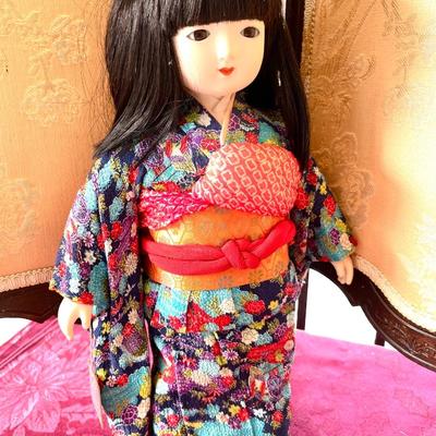 LOT 133 Vintage Japanese Doll 16" Traditional Cloths Porcelain Head Glass Eyes