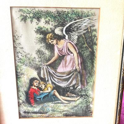 LOT 134 Framed Vintage Religious Silkscreens Angel Watching Over Children
