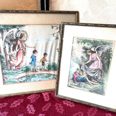 LOT 134 Framed Vintage Religious Silkscreens Angel Watching Over Children