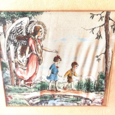LOT 134 Framed Vintage Religious Silkscreens Angel Watching Over Children