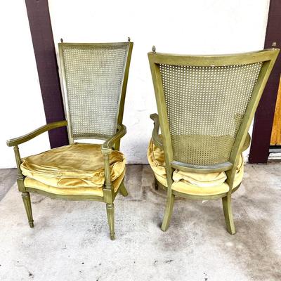 LOT 135 Pair 1970s High Cain Back Arm Chairs Velvet Seat Cushions