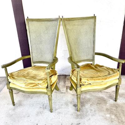 LOT 135 Pair 1970s High Cain Back Arm Chairs Velvet Seat Cushions