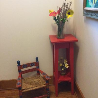 983 Folk Art Childâ€™s Chair & Red Plant Stand