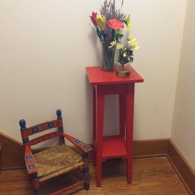 983 Folk Art Childâ€™s Chair & Red Plant Stand