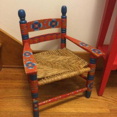 983 Folk Art Childâ€™s Chair & Red Plant Stand