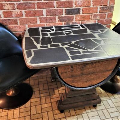 Lot #133  Great Barrel Pub Set - table/2 barrel backed chairs