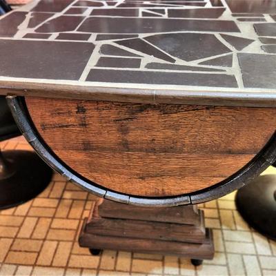 Lot #133  Great Barrel Pub Set - table/2 barrel backed chairs