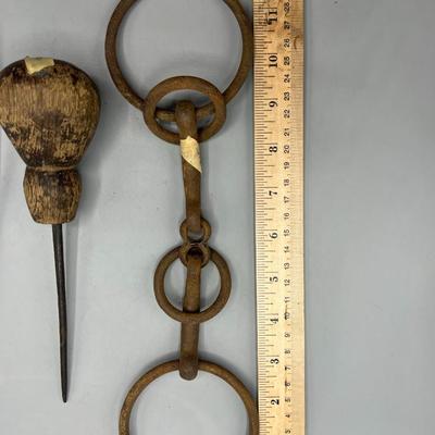Antique Lot of Museum Piece Farm Tools Two Line Fork, Horse Bits Linked Metal Device, & Ice Pick