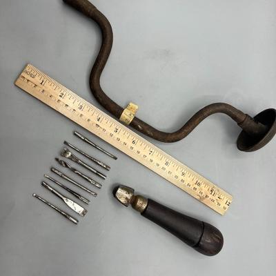 Antique 19th Century Brace Auger & Combination Tool Drill Bit Container Organizer Museum Pieces Tools