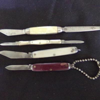 4 FOLDING KNIVES; HAMMER BRAND USA LETTER OPENER, BUTLER BROS, 2 USA.