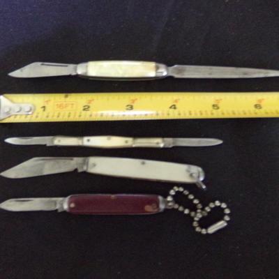 4 FOLDING KNIVES; HAMMER BRAND USA LETTER OPENER, BUTLER BROS, 2 USA.