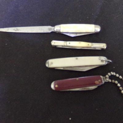 4 FOLDING KNIVES; HAMMER BRAND USA LETTER OPENER, BUTLER BROS, 2 USA.
