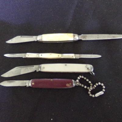 4 FOLDING KNIVES; HAMMER BRAND USA LETTER OPENER, BUTLER BROS, 2 USA.