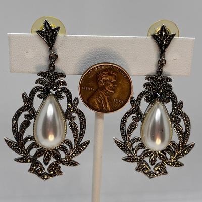 TEAR DROP PEARL, MARCASITE EARRINGS