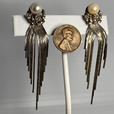 PEARL, RHINESTONE, CHAIN STRAND EARRINGS