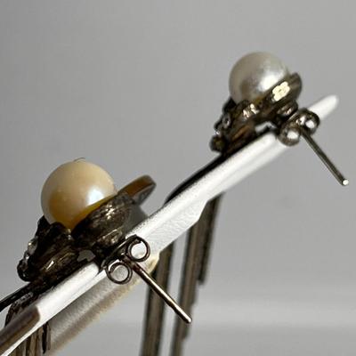 PEARL, RHINESTONE, CHAIN STRAND EARRINGS