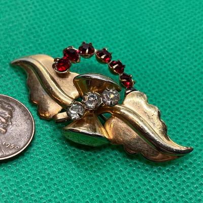 VINTAGE PIN BROOCH RED, CLEAR RHINESTONES