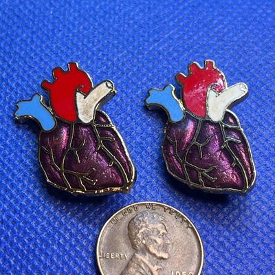 PAIR OF CLOISONNE PINS HEART AORTA DESIGN