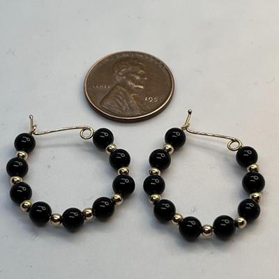 BLACK GLASS BEAD HOOP EARRINGS ON GOLD? WIRE