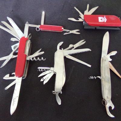 5 SWISS ARMY KNIVES; 13 BLADE, 3 BLADE, SEE DESCRIPTIONS.