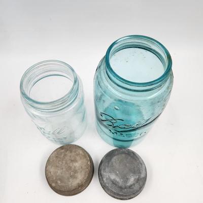 2 BLUE BALL CANNING JARS W/ ANTIQUE METAL LIDS