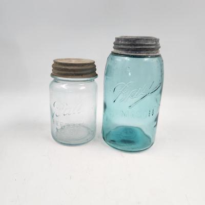 2 BLUE BALL CANNING JARS W/ ANTIQUE METAL LIDS