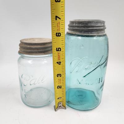 2 BLUE BALL CANNING JARS W/ ANTIQUE METAL LIDS