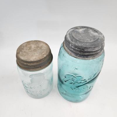2 BLUE BALL CANNING JARS W/ ANTIQUE METAL LIDS