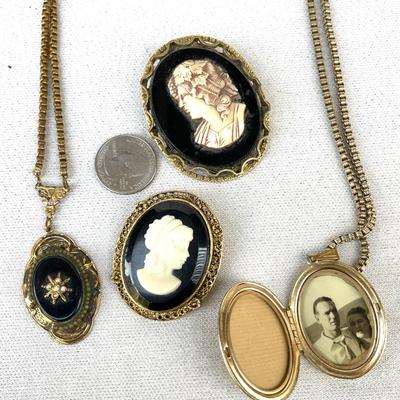 LOT 138 Antique Glass Cameos & Etruscan Style Pendant & Locket 4pcs