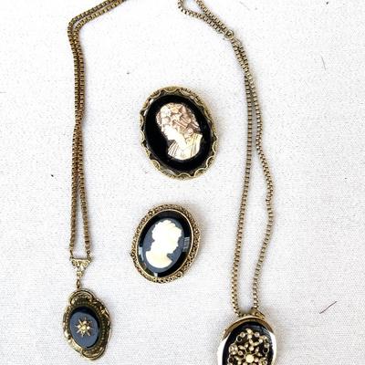 LOT 138 Antique Glass Cameos & Etruscan Style Pendant & Locket 4pcs