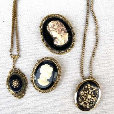 LOT 138 Antique Glass Cameos & Etruscan Style Pendant & Locket 4pcs