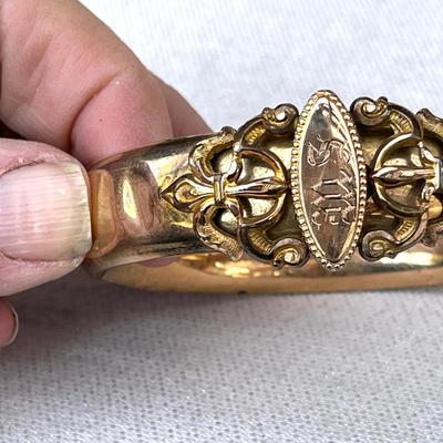 LOT 139 Victorian Bangle Bracelet Gold Tone Wide Hinged Band w/Mono "MS"