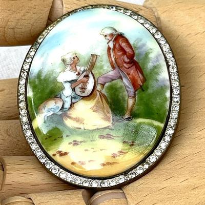 LOT 140 Antique Painted on Porcelain Brooch Rhinestone Frame Czech