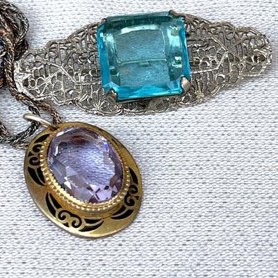 LOT 141 Antique Costume Jewelry Pin Bar Blue Glass + Pendant w/ Lavender Glass Stone
