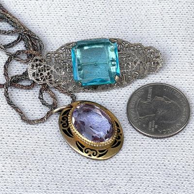 LOT 141 Antique Costume Jewelry Pin Bar Blue Glass + Pendant w/ Lavender Glass Stone