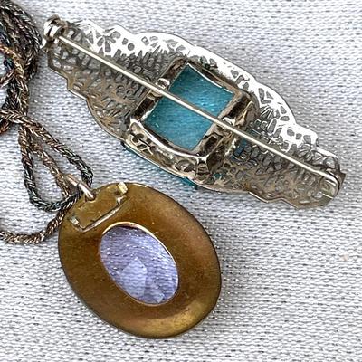 LOT 141 Antique Costume Jewelry Pin Bar Blue Glass + Pendant w/ Lavender Glass Stone