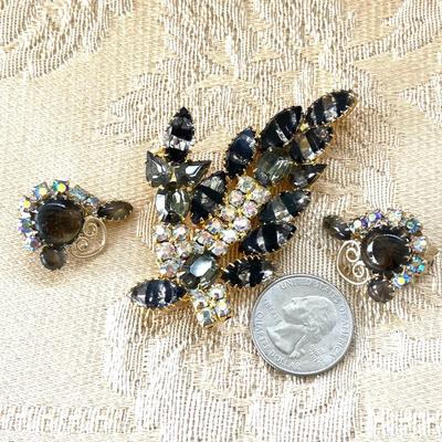 LOT 146 Vintage Costume Jewelry Rhinestone Brooch & Clip Earrings Smokey & Iridescent