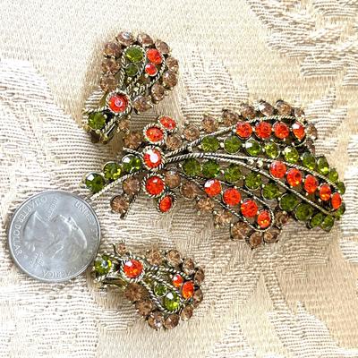 LOT 147 Vintage Costume Jewelry Orange & Green Rhinestone Brooch & Earrings