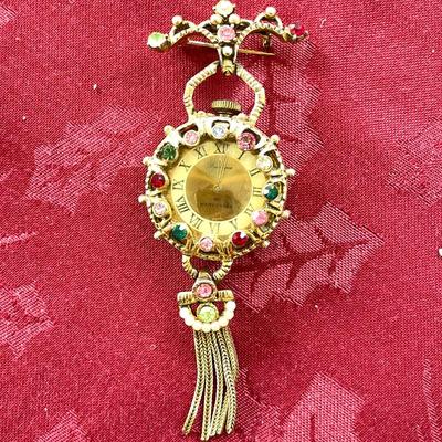 LOT 148 Vintage Costume Jewelry Dangle Lapel Watch Gold Tone by Harvester