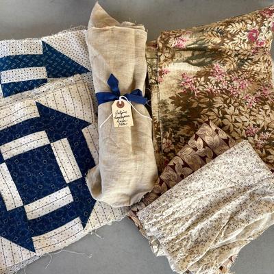 LOT 166 Antique Fabrics + 20 Quilt Blocks Calico & Indigo + Old Cotton Linen Remnants