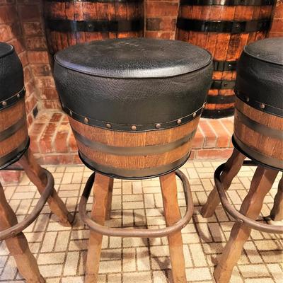 Lot #152  # Great Vintage Barrel Motif Bar Stools