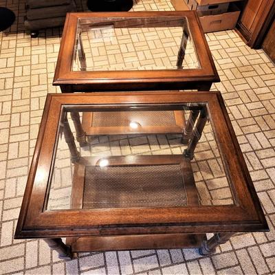 Lot #154  Pair Vintage Mid-Century Lamp Tables - beveled glass top