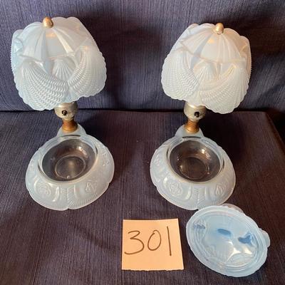 Vintage 1940s Baby Blue Satin Glass Boudior  Lamp