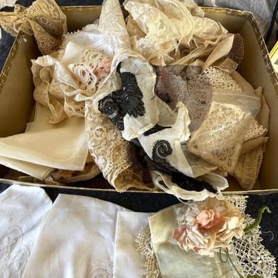 LOT 172 Group Antique Lace Pieces Collars Dress Pieces Handkerchiefs Bias Coat Dress